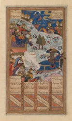Rustam Lassoes the Khagan of China, Folio z rukopisu Shah-Nama of Firdausi, konec 15.-začátek 16. století (inkoust, neprůhledný akvarel a zlato na papíře)