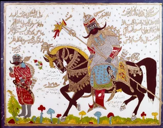 Islámská malba na skle zobrazující příběh Antara (Antar ibn Shaddad), arabského předislámského básníka 6. století. Sýrie, Damašek, palác Azem nebo Azm