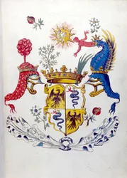 Erb rodu Viscontiů z Milána se zobrazením draka požírajícího dítě. Státní archiv v Miláně