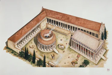 Obřadní kruhový tholos a chrám Asklépia, Epidaurus, 4. století př. n. l.