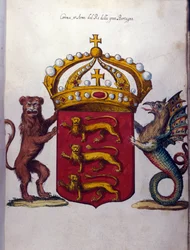 Erb britské královské rodiny zdobí korunu, lva „“““““ a fantastické stvoření. Státní archiv, Milán