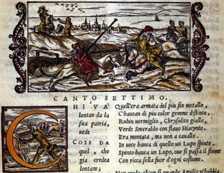 Obří Eryphila nasedla na vlka bojuje Roger (Ruggero, Ruggiero) - scéna rytířské básně „Orlando Furioso“ (Zuřivý Roland) od Ludovica Ariosta (1474 - 1533) s názvem L