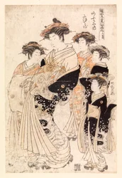 Pět japonských žen (barevný dřevoryt)