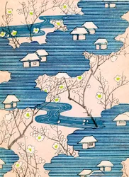 Kimonomalli: Mökkejä, joissa on jokia ja kirsikankukkia, n. 1900 (värillinen puupainatus)
