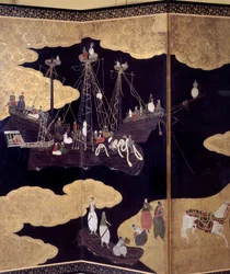 Obrazovka „Portuguese“: zobrazení příchodu portugalských jezuitských misionářů do Japonska v 16. století. Detail. Realizuje Škola Kano (?). 1593-1600. Muzeum starověkého umění v Lisabonu