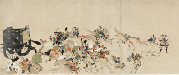 Ilustrovaný příběh občanské války, Imperial Visit to Rokuhara (Illustrated Tale of The Civil War, The Imperial Visit to Rokuhara) – Anonymní dílo, akvarel a inkoust na papíře, třetí svitek