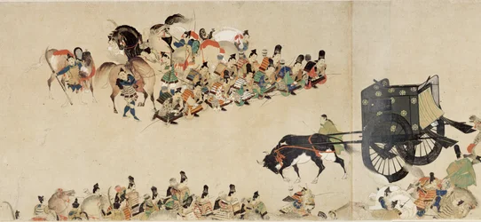 Ilustrovaný příběh občanské války, Imperial Visit to Rokuhara (Illustrated Tale of The Civil War, The Imperial Visit to Rokuhara) – Anonymní dílo, akvarel a inkoust na papíře, čtvrtý svitek