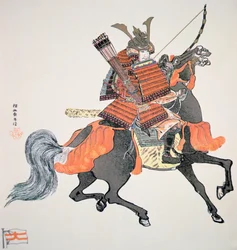 Samuraj ze starého Japonska ozbrojený lukem a šípy