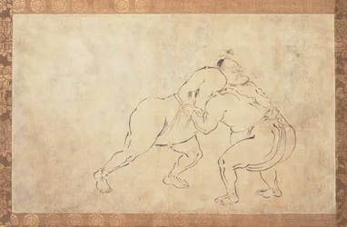 Zápasníci sumo (tuš sumi na papíře)