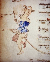 Dvorní šašek. Židovský rukopis ze 13. století. Biblioteca Palatina, Parma.