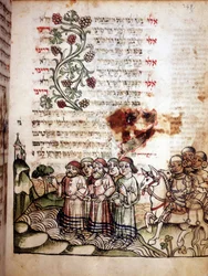 Biblická scéna: Židé překračují Rudé moře. Strana Machazor, kniha modliteb v hebrejštině. rukopis sd.
