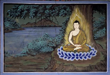 Buddhova meditace: Freska v chrámu Yongju, oblast Suwon, Korea