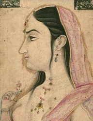 Lal Kunwar, oblíbenec 8. mughalského císaře Džahandara Shaha (zemřel 1125 AH/AD 1713), Mughalská miniatura (papír s inkoustem, barvou a zlatem připevněný na kartonu)