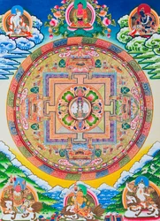 Mandala s tisícirukým Avalókitéšvarou; posvátný magický kruh zobrazující jedenáctihlavého bódhisattvu, symbol nekonečného soucitu