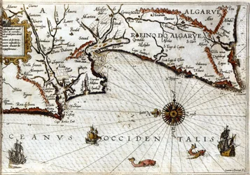 Cape Sagres (neboli Posvátný mys) na konci Portugalska po portulánu Luca J. Waghenaera Treesor zeevaert vytištěný v Leidenu v roce 1592