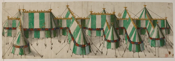 Cotton Augustus III, f.19 Návrh královského pavilonu v tudorovských barvách bílé a zelené, údajně pro Jindřicha VIII. na poli zlaté látky