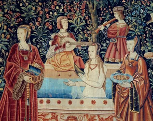 Tapiserie ze série „Život panstva“: Koupel. Detail. Tapiserie z vlny a hedvábí, vytvořená kolem roku 1520 v Nizozemí. Rozměry: 2,8 x 2,6 m. Paříž, Musée national du Moyen Âge, Thermes de Cluny