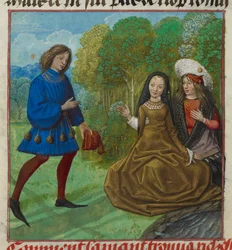 Harley 4425 f.90v The Lover meets Richesse (Bohatství) z Roman de la Rose od Guillaume de Lorris a Jean de Meun, c. 1490-c. 1500 (vellum)