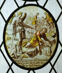 Rondel: Tobias chytá rybu (vitráže)