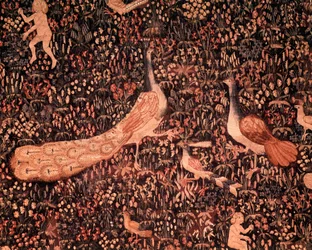 Závěs panské života: detail zobrazující ptáky a páva. Vlněná a hedvábná tapiserie zhotovená kolem roku 1520 v Nizozemsku. 2,6 x 3,7 m, Paříž, Národní muzeum středověku, Thermes de Cluny