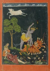 Parasuráma zabíjí Kartavirju Ardžunu, Čamba nebo Bilaspur, Himáčalpradéš, asi 1750-60