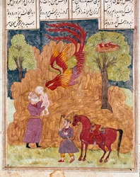 Islámské umění: bájný pták Simurgh, podobný fénixovi, nese Zala, syna krále Siyama, opuštěného v horách, protože není albín. Perská miniatura z rukopisu epické básně „Šáhnáme“ (Shah Nama, Shahnama), Kniha králů