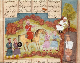 Islámské umění: scéna mučení nepřítele, pohřbívání zaživa u paty stromu. Perská miniatura z rukopisu epické básně „Shahnameh““ (Shah Nama, Shahnama) (Kniha králů) od Ferdowsiho (Firdawsi, nebo Ferdawsi, nebo Firdousi, asi 940-kolem 1020) Bi