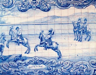 Jezdec cvičící hru Alcancias v Portugalsku. Azulejos. Velvyslanectví Itálie, Lisabon