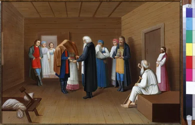 Zasnoubení od Anonymous. Olej na plátně, polovina 19. století. Stát V. Troponin-Museum, Moskva