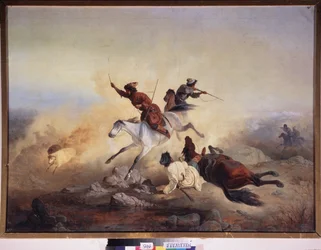 Dravý útok. Bitva a pronásledování na koni v horách Dagestánu (Daghestan), mezi ruskou armádou a kavkazskými bojovníky, v letech 1830 až 1860. Malba ruského mistra, olej na plátně. ruské umění