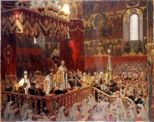 Korunovace Mikuláše II. v roce 1896 v chrámu Zesnutí přesvaté Bohorodice v Moskvě - anonymní ruská malba