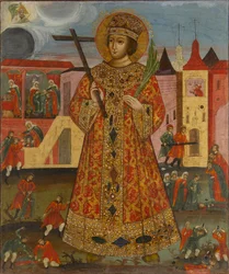 Dimitrij Ivanovič (1582-1591) (carevič Demetrius neboli Dimitrij neboli Dmitrij z Ugliče neboli Dmitrij Moskevský) - Ruská ikona: carevič Demetrius s vražednými scénami. Tempera na desce, počátek 19. století, Státní muzeum architektury, historie a umění