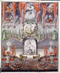 Ohňostroj a osvětlení 17. září 1747 v Gostilicích (Rusko). Anonymní dílo, mědiryt kolorovaný akvarelem, polovina 18. století. Ruské umění