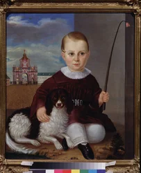 Chlapec se psem před červenými dveřmi (Moskva). Obraz ruského mistra, olej na plátně 1840. Ruské umění 19. století. Státní muzeum V. Tropinina, Moskva.