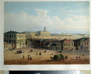 Moskevské nádraží. Obraz od ruského mistra. Olej na plátně, kolem 1830-1840. Ruské umění 19. století. A. Pushkin Memorial Museum, Petrohrad.