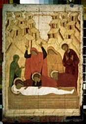 Ruská ikona ""The Entombment"". Tempera na dřevě z konce 15. století. Státní Treťjakovská galerie, Moskva