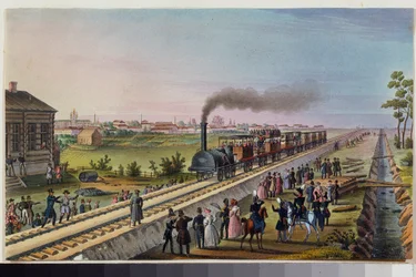 Příjezd prvního vlaku z Petrohradu do Carského Sela, 30. října 1837. Dílo ruského mistra, akvarel na papíře