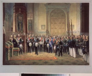 Přísaha věrnosti careviče Nicholase Alexandroviče Romanova Ruska (1843-1865) v armádním kostele. Práce ruského mistra, akvarel na papíře