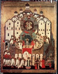 ""Liturgie. Synaxis of the Archandělů"" Ruská ikona. Malba na dřevě ze 16. století. Státní Treťjakovská galerie, Moskva
