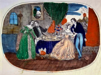 Mondanite: scéna jídla a svádění mezi dvěma páry. Rusko. Rytina kolem roku 1850. Soukromá sbírka