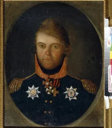 Portrét Dmitrije Petroviče Neverovského (1771-1813). Ruský vojenský důstojník, je oblečen do své uniformy a svých čestných medailí včetně kříže svatého Jiří (bílý kříž s oranžovou a černou stuhou), medaile řádu svatého Vladimíra (kříž r.