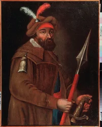 Portrét kozáckého vůdce Jermaka Timofějeviče (narozen mezi lety 1532 a 1542-1585), dobyvatele Sibiře. Anonymní malba, počátek 18. století. Státní muzeum umění, Tomsk (Rusko).