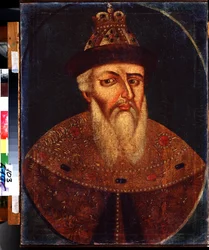 Portrét cara Ivana IV. Hrozného (1530-1584) (Portrét cara Ivana IV. Hrozného). Anonymní obraz, olej na plátně, 68 x 53 cm, počátek 18. století. Státní muzeum umění, Nižnij Tagil, Rusko.