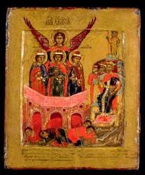 Ruská ikona zobrazující Šadracha, Méšacha a Abednega v ohnivé peci, moskevská škola, kolem roku 1600 (deska)