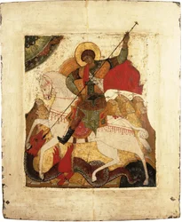 Svatý Jiří a drak - ruská ikona. Tempera na panelu, počátek 16. století. Rozměr : 31,5x26,5 cm Ikonen Museum Recklinghausen