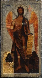Saint John the Baptist, Angel of the Desert (John The Baptist, Angel of the Widerness). Ruská ikona, malba vajíček a tempera na dřevě, konec 16. století. Starověké ruské umění. Státní Treťjakovská galerie, Moskva