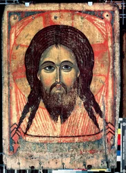 ""Saint Mandylion"" Zobrazení Kristovy tváře vytištěné na závoji (svatá tvář). Ruská ikona. Malba na dřevě z konce 14. století Státní Treťjakovská galerie, Moskva