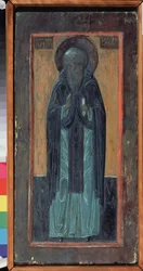 Svatý Zosimus ze Solovek (zemřel 1478). Ruská ikona, polychromované vyřezávané dřevo, polovina 16. století. Staré tradiční ruské umění ze severu. Regionální muzeum výtvarného a užitého umění, Smolensk (Rusko).
