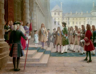 Car Pierre Le Grand (1672-1725) přivítán dítětem Ludvíka XV. ve Versailles v roce 1717 - obraz Gorského (19. století)
