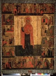 ""Život a epizody Saint Paraskeva Pyatnitsa"" Ruská ikona. Malba na dřevě z 15. století. Státní historické muzeum, Moskva